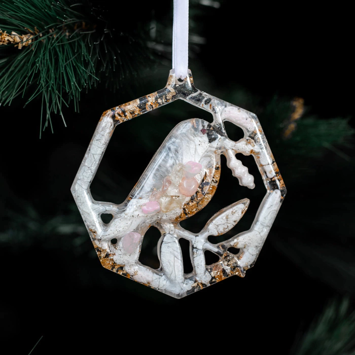 Christmas tree toy with rose quartz "Bullfinch" collection "Stories"